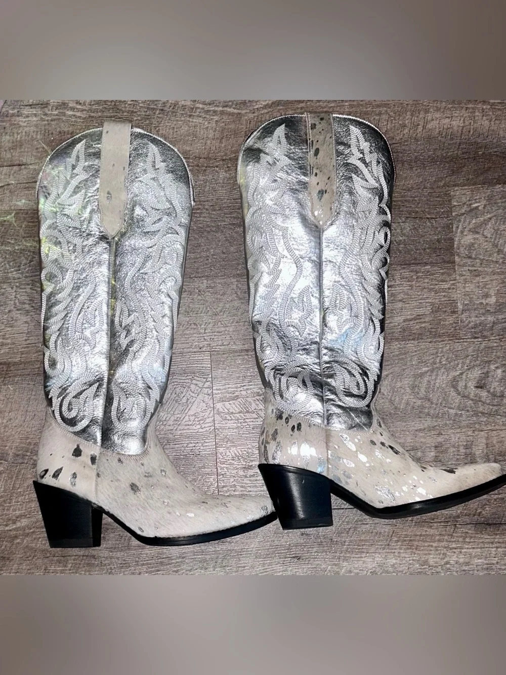 Dingo Metallic Silver” Take No Bull” Over the Knee Snip Toe Leather/Harion Boot